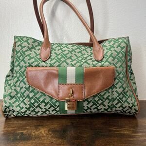 Tommy Hilfiger Shoulder Bag Top Handle Green Brown Signature Jacquard Canvas